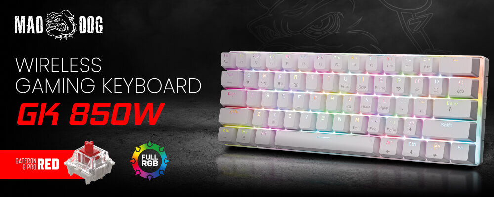 Na obrazie widoczna jest biała klawiatura z podświetleniem RGB. Tekst na obrazie: \'MAD DOG\', \'WIRELESS GAMING KEYBOARD\', \'GK 850W\', \'GATERON G PRO RED\', \'FULL RGB\'.