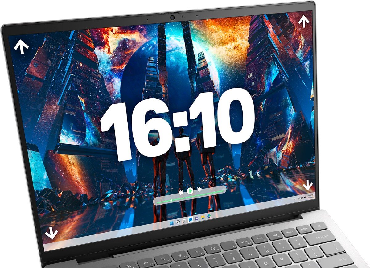 Laptop z wyświetlaczem pokazującym kolorową grafikę z futurystycznymi budynkami i dużym białym napisem \'16:10\'. Na ekranie widoczny jest pasek z ikonami systemu Windows.