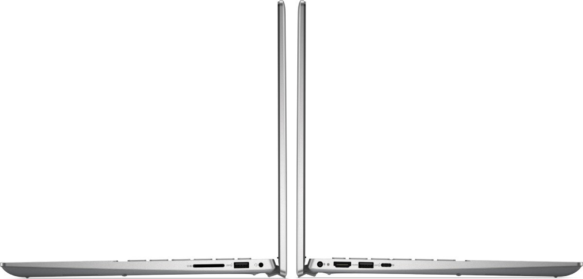 Dwa laptopy ustawione tyłem do siebie, pokazujące profile boczne. Widać porty i złącza na bokach urządzeń.