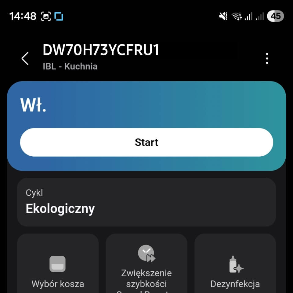 Aktywowanie cyklu w aplikacji Ekran aplikacji z informacjami o zmywarce SAMSUNG DW70H73YCFEU1. Widoczny jest przycisk \'Start\' oraz cykl \'Ekologiczny\'.