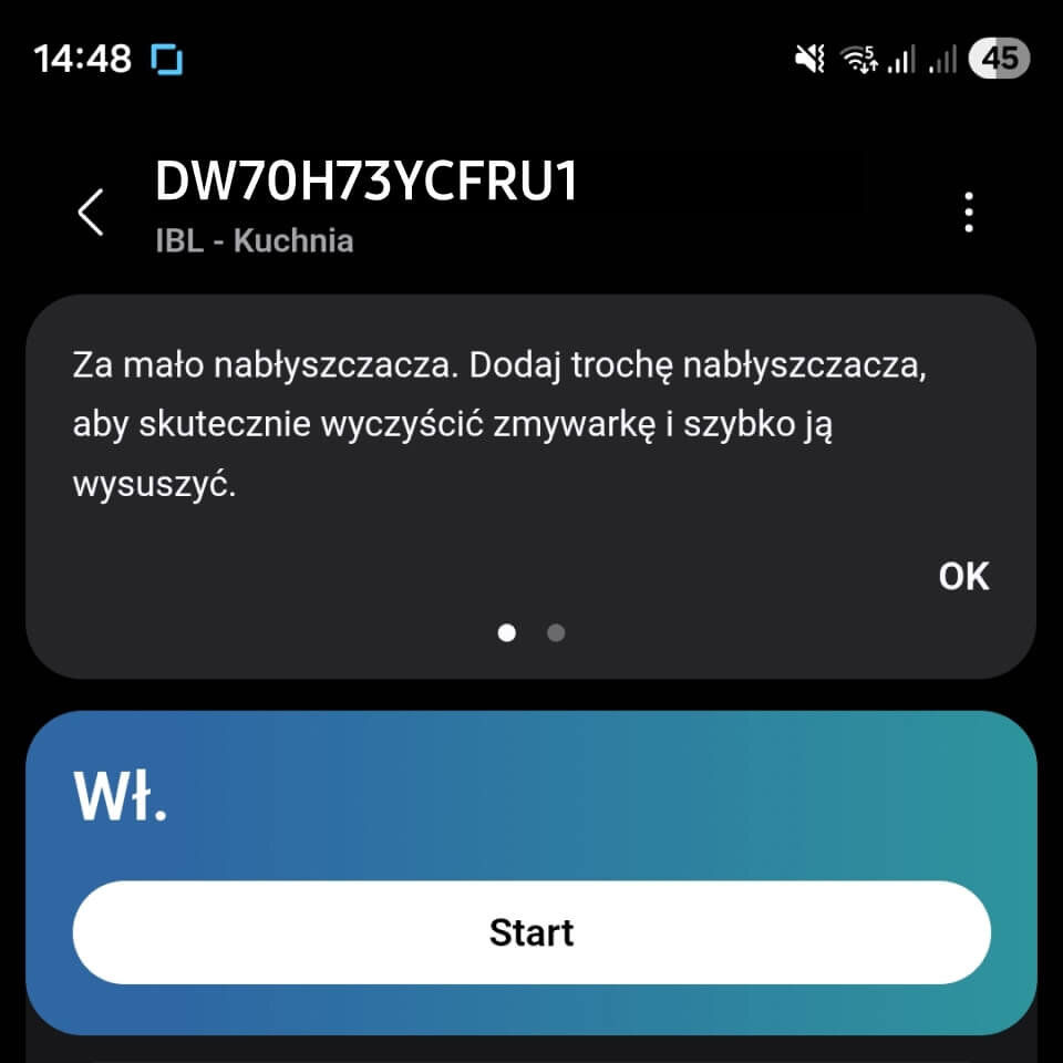 Informacje o błędach Na ekranie widoczny jest komunikat: \'Za mało nabłyszczacza. Dodaj trochę nabłyszczacza, aby skutecznie wyczyścić zmywarkę i szybko ją wysuszyć.\' Poniżej znajduje się przycisk z napisem \'Start\'.