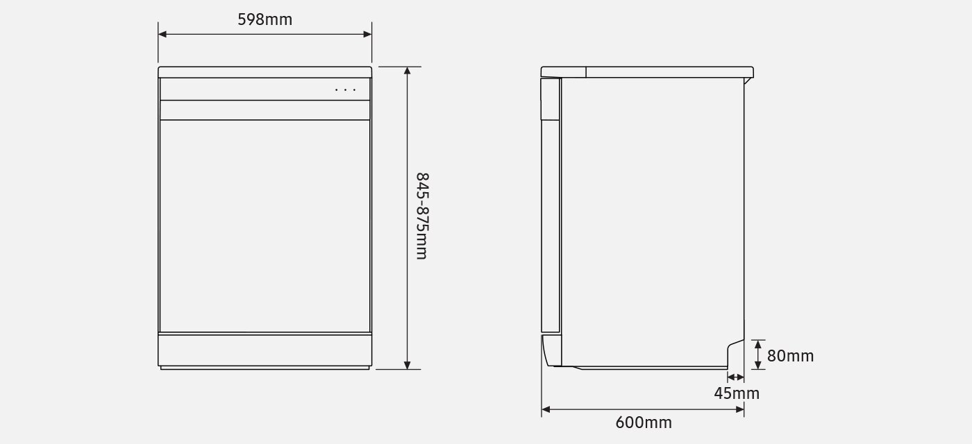 Wymiary wolnostojącej zmywarki Samsung dw70h73ycfru1 Schemat zmywarki z wymiarami: szerokość 598 mm, wysokość 845-875 mm, głębokość 600 mm, z dodatkowym wymiarem 80 mm i 45 mm z boku.