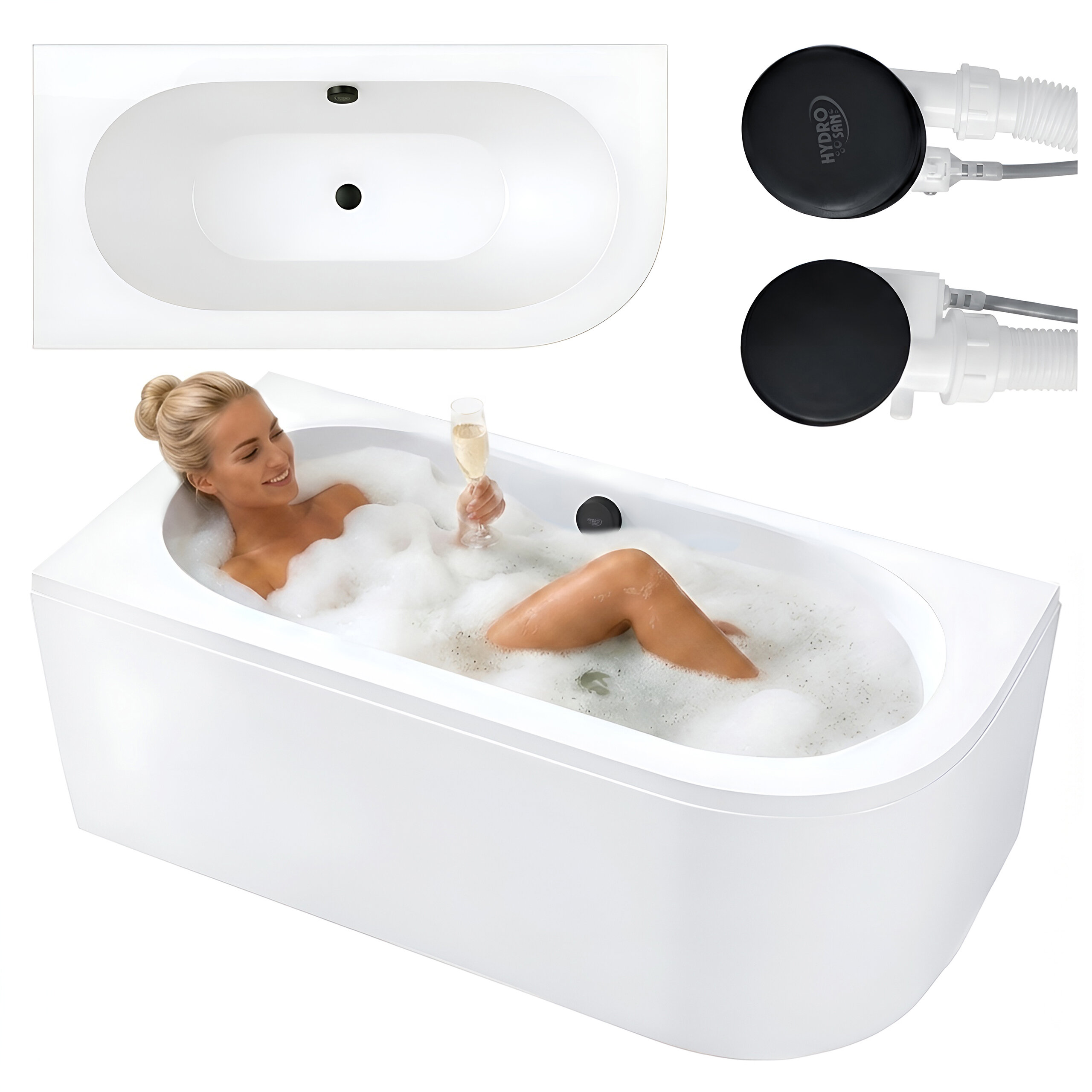 Biała wanna przyścienna z osobą relaksującą się w pianie, trzymającą kieliszek. Obok widoczne są dwa czarne elementy z napisem \'HYDRO BATH\'.