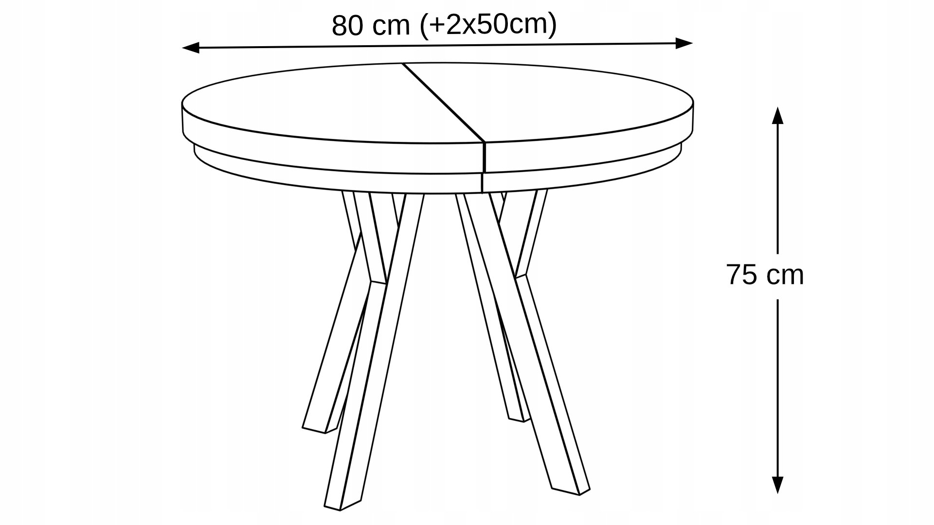 Schemat stołu okrągłego rozkładanego z metalowymi nogami, o średnicy 80 cm z możliwością przedłużenia o 2x50 cm, wysokość 75 cm.