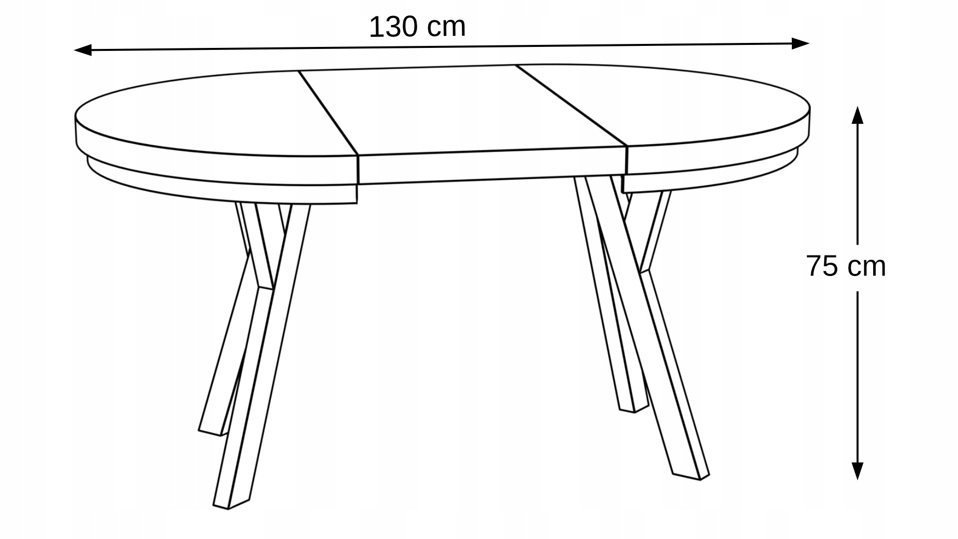 Schemat stołu okrągłego rozkładanego z metalowymi nogami, o wymiarach 130 cm długości i 75 cm wysokości.