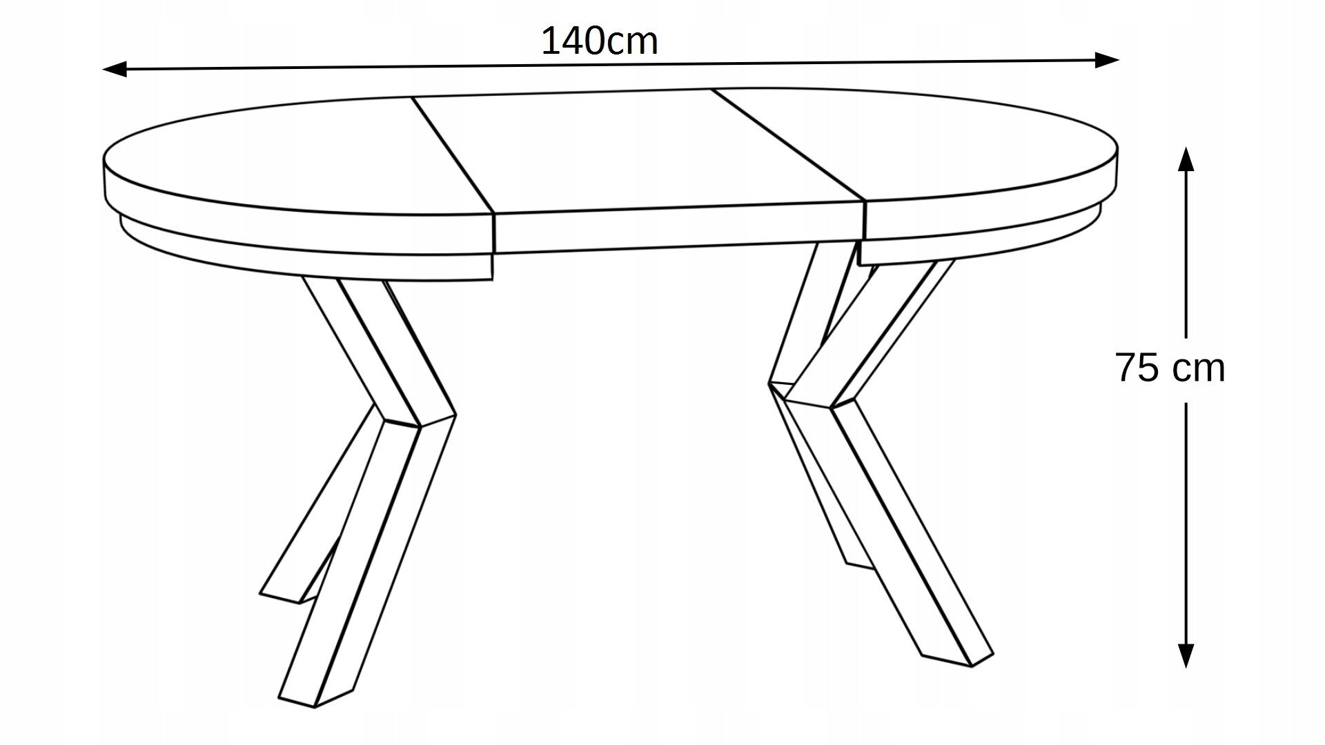 Schemat stołu owalnego z metalowymi nogami, z wymiarami 160 cm długości i 75 cm wysokości.