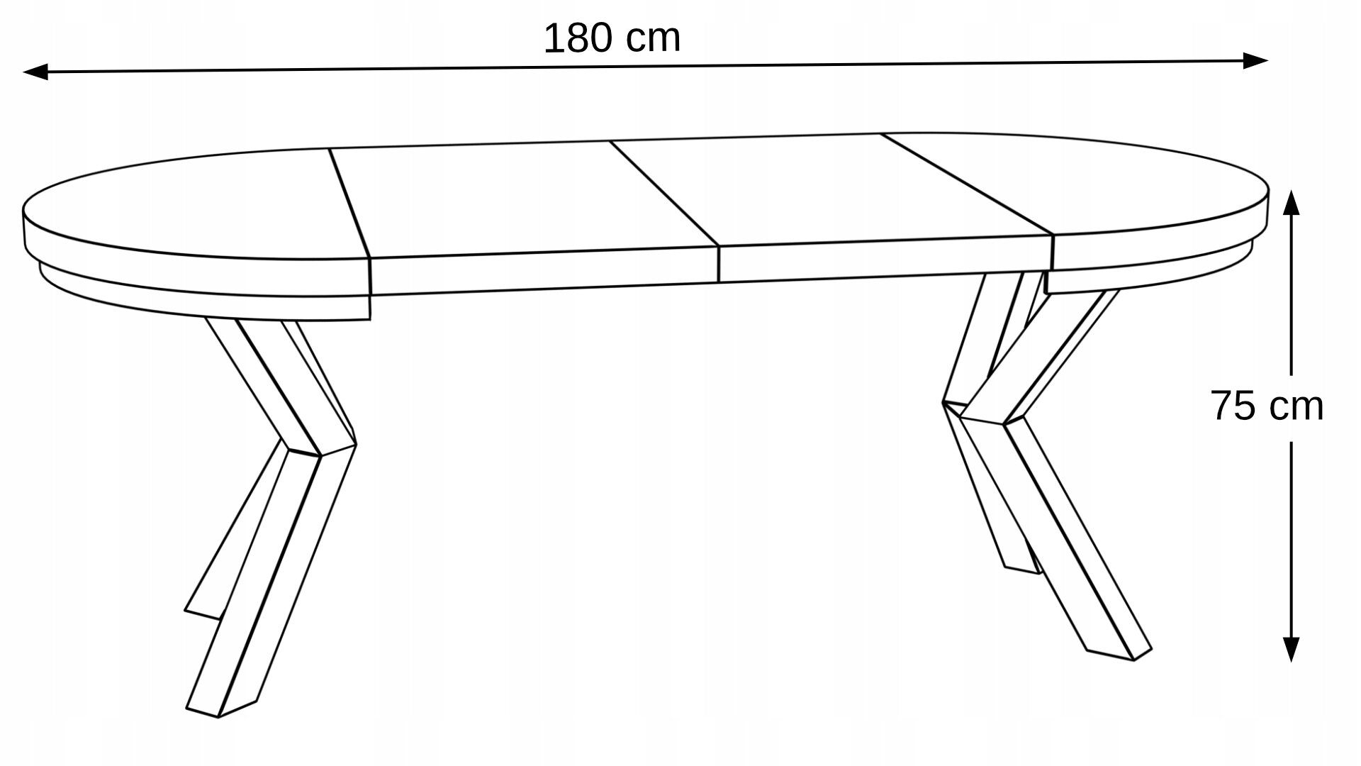 Schemat stołu owalnego z metalowymi nogami, o wymiarach 180 cm długości i 75 cm wysokości.