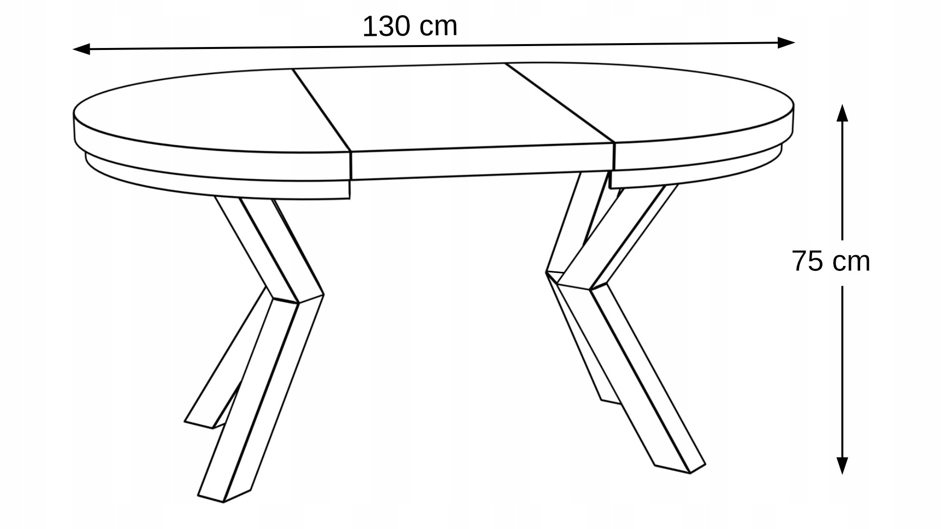 Schemat stołu owalnego z metalowymi nogami, z wymiarami 160 cm długości i 75 cm wysokości.