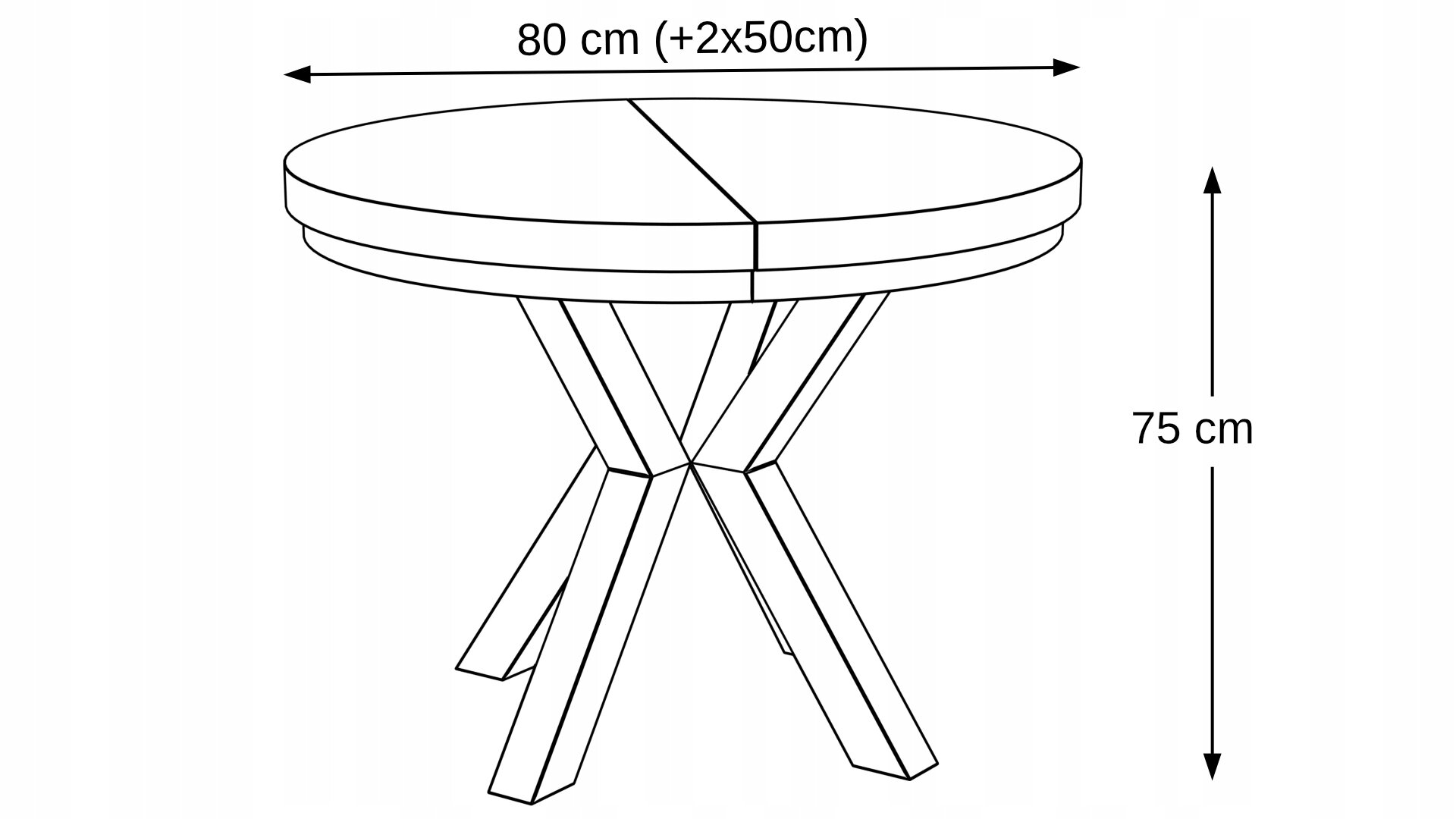 Schematyczny rysunek okrągłego stołu z metalową nogą, z wymiarami 110 cm (+2x50 cm) na szerokość i 75 cm na wysokość.
