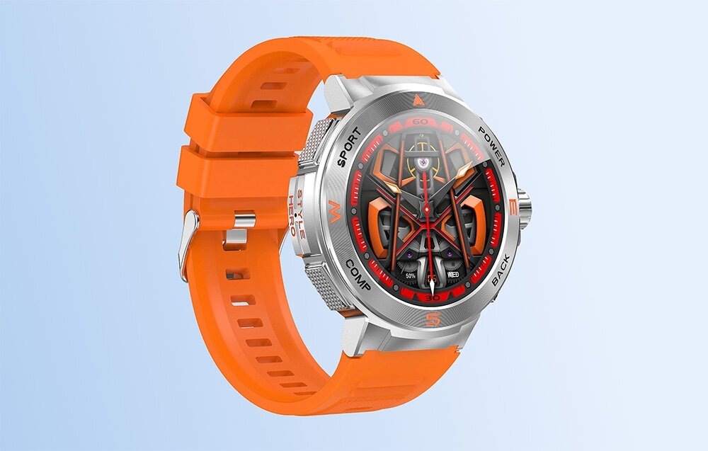 Smartwatch z pomarańczowym paskiem i srebrną kopertą, z wyświetlaczem pokazującym skomplikowany wzór z czerwonymi i czarnymi elementami oraz napisami \'SPORT\', \'POWER\', \'COMP\', \'BACK\'.
