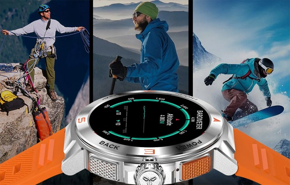 Obraz przedstawia smartwatch z pomarańczowym paskiem i wyświetlaczem pokazującym wysokość 4000 m. W tle widoczne są trzy osoby uprawiające różne sporty górskie, takie jak wspinaczka, trekking i snowboard.
