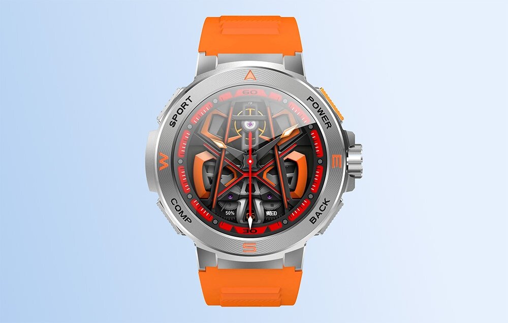 Smartwatch z pomarańczowym paskiem i srebrną kopertą, z widocznym skomplikowanym wzorem na tarczy. Na ramce znajdują się napisy: SPORT, POWER, BACK, COMP.