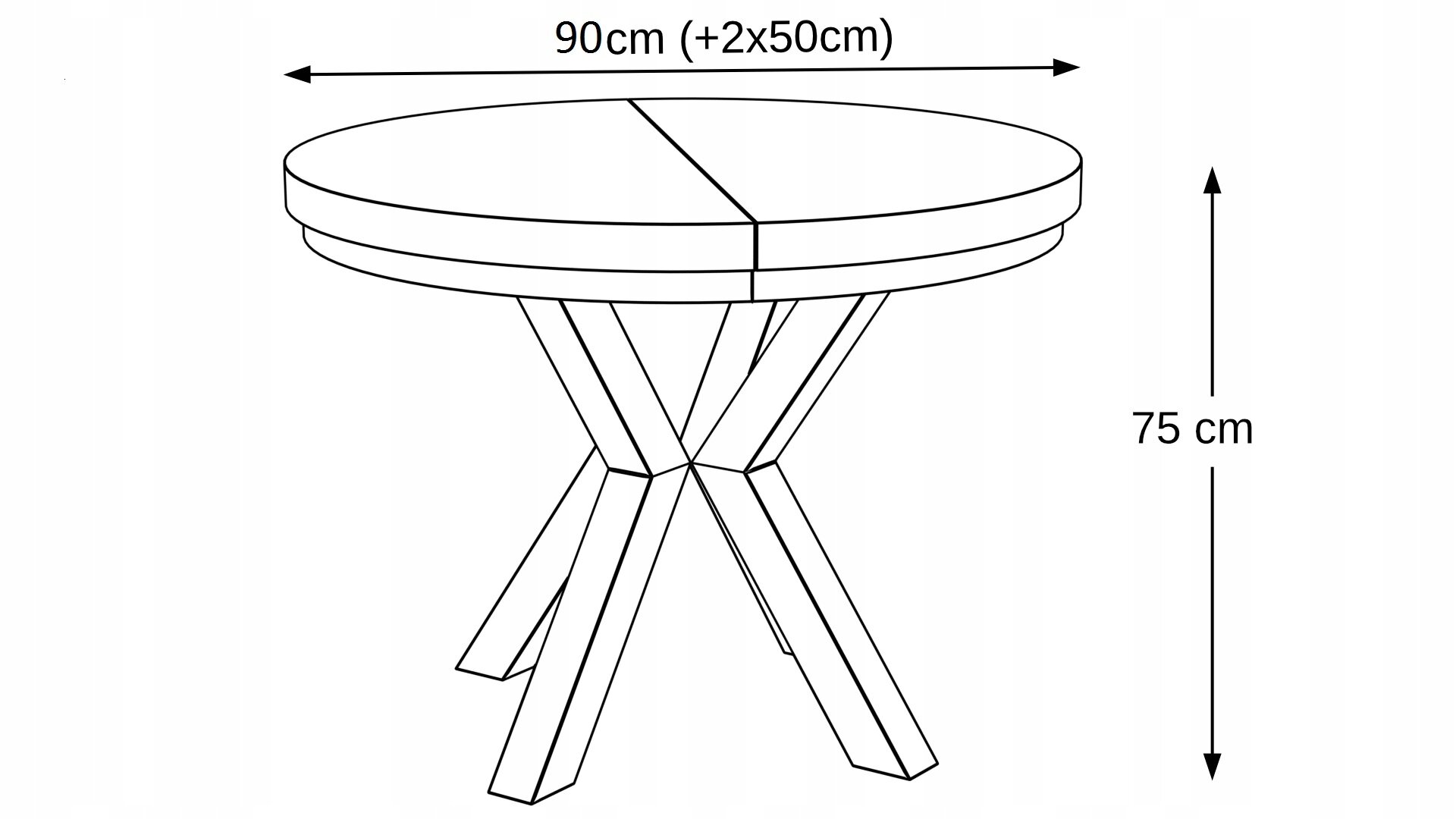 Schematyczny rysunek okrągłego stołu z metalowymi nogami, z wymiarami 90 cm (+2x50 cm) szerokości i 75 cm wysokości.