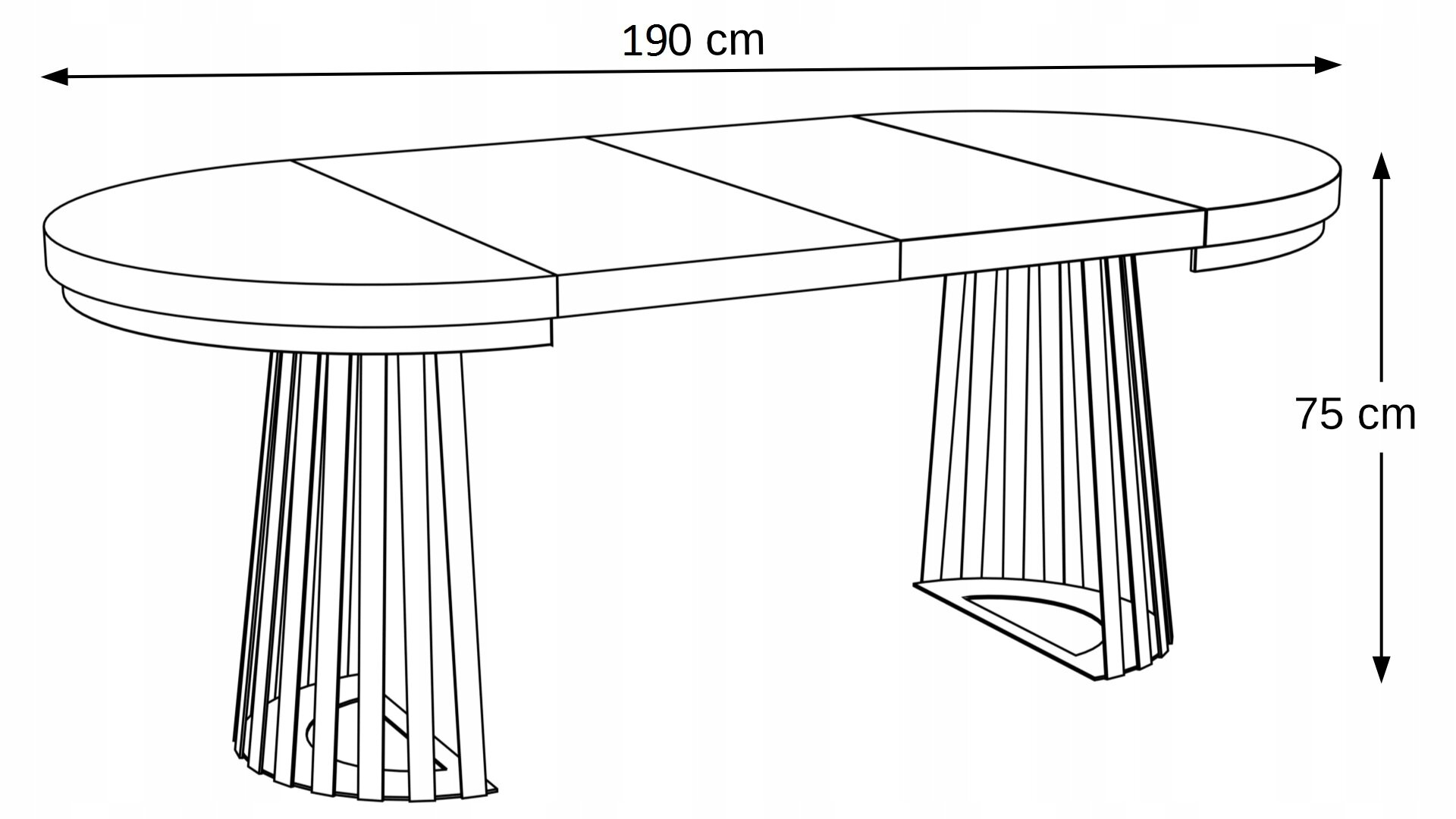 Schemat stołu z metalowymi nogami, owalnym blatem i wymiarami 200 cm długości oraz 75 cm wysokości.