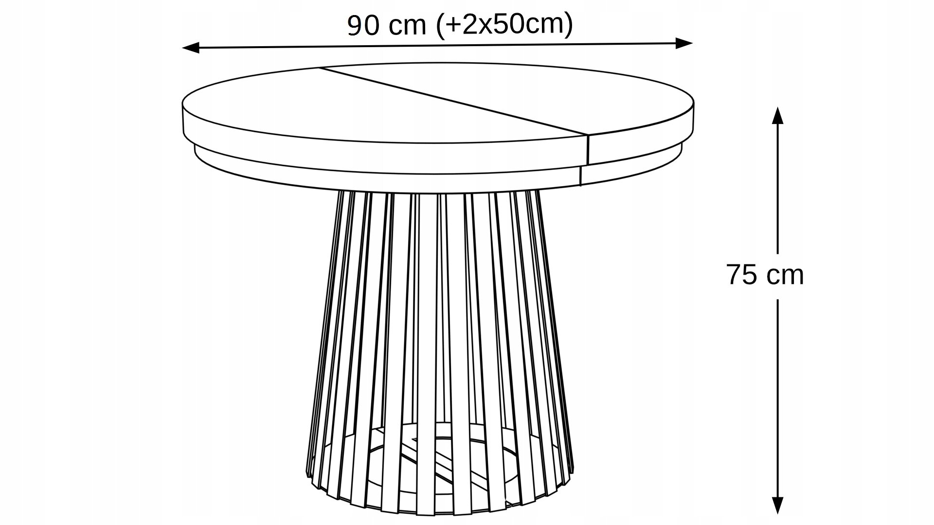 Schemat stołu okrągłego z metalową nogą, o średnicy 100 cm z możliwością przedłużenia o 2x50 cm. Wysokość stołu wynosi 75 cm.