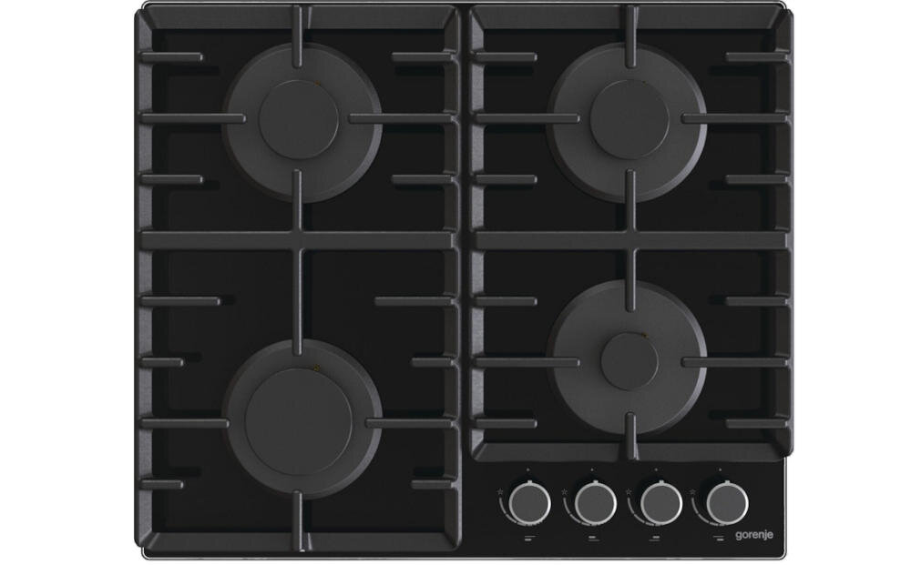 Czarna płyta gazowa z czterema palnikami i czterema pokrętłami. Logo \'gorenje\' znajduje się w prawym dolnym rogu.