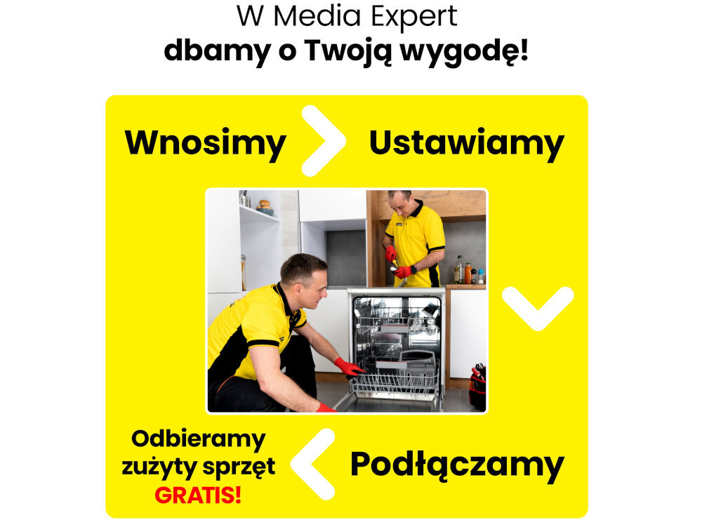 Reklama Media Expert z hasłem \'W Media Expert dbamy o Twoją wygodę!\' oraz zdjęciem dwóch osób instalujących zmywarkę. Tekst na żółtym tle: \'Wnosimy\', \'Ustawiamy\', \'Odbieramy zużyty sprzęt GRATIS!\', \'Podłączamy\'.