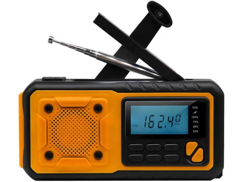Przenośne radio w kolorze czarno-żółtym z wyświetlaczem pokazującym \'162.4 MHz\' oraz anteną teleskopową. Obok wyświetlacza znajdują się przyciski sterujące i wskaźnik poziomu naładowania baterii.