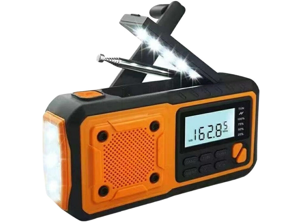 Przenośne radio w kolorze czarno-żółtym z wyświetlaczem pokazującym \'162.025 MHz\'. Urządzenie posiada wbudowaną latarkę LED i panel z przyciskami.