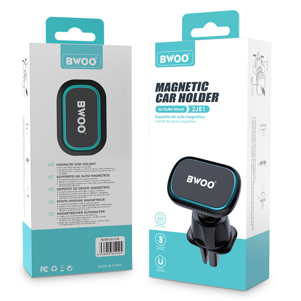 Na obrazie widoczne są dwa opakowania produktu oznaczone logo \'BWOO\'. Na jednym z opakowań znajduje się napis \'MAGNETIC CAR HOLDER\' oraz ilustracja uchwytu samochodowego.