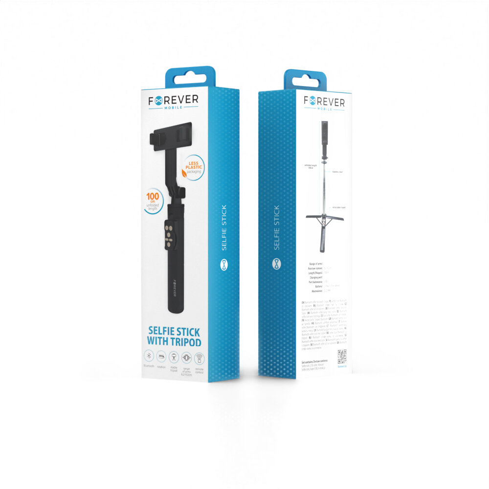 Opakowanie produktu Forever Selfie Stick Bluetooth Tripod Sst-100 Czarny z widocznym zdjęciem kijka do selfie i napisem \'SELFIE STICK WITH TRIPOD\'. Logo producenta \'FOREVER\' znajduje się na górze opakowania.