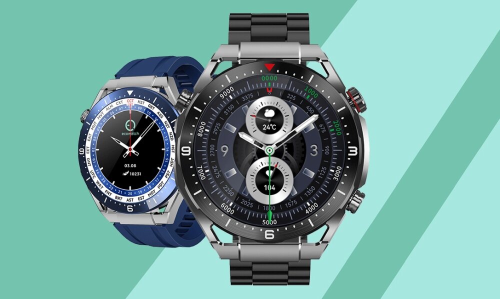 Dwa smartwatche z okrągłymi tarczami, jeden z czarną bransoletą i drugi z niebieską. Na tarczy jednego z nich widoczny jest napis \'ECOWATCH\', data \'01.08\', godzina \'10:21\' oraz liczba \'10231\'.