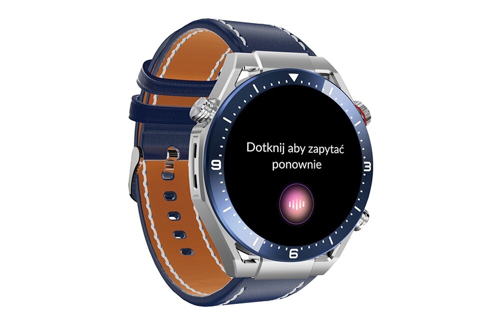 Smartwatch z okrągłym wyświetlaczem i niebieskim paskiem. Na ekranie widoczny jest tekst: \'Dotknij aby zapytać ponownie\'.