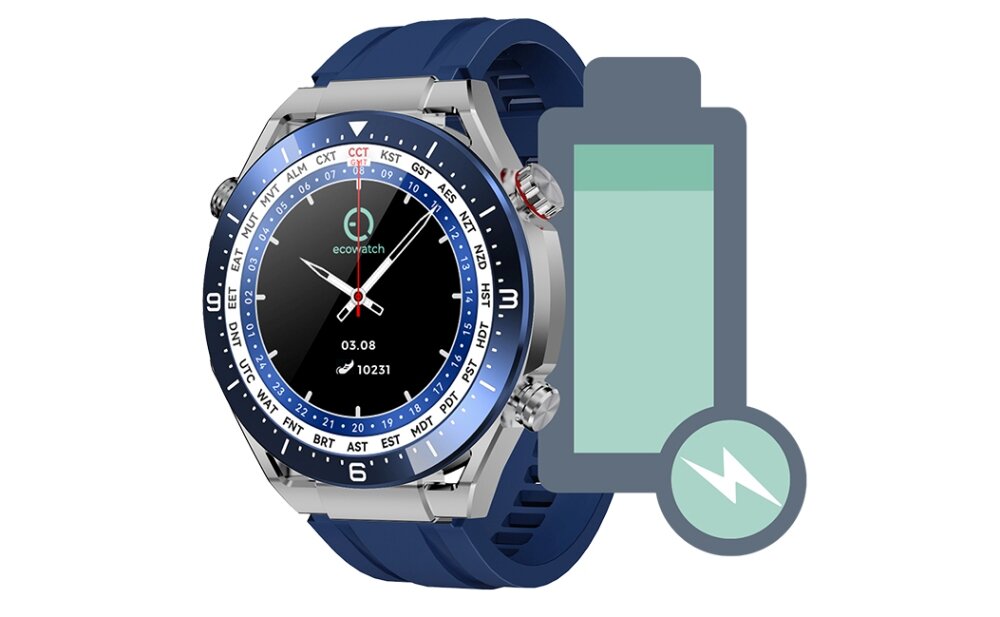 Na obrazie widoczny jest smartwatch z okrągłą tarczą, na której znajduje się logo \'ecowatch\' oraz cyfry i symbole. Obok zegarka znajduje się ikona baterii z symbolem błyskawicy.