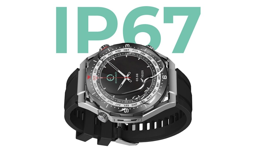 Smartwatch z czarnym paskiem i srebrną kopertą, na tarczy widoczny napis \'Ecowatch\'. W tle duży napis \'IP67\'.