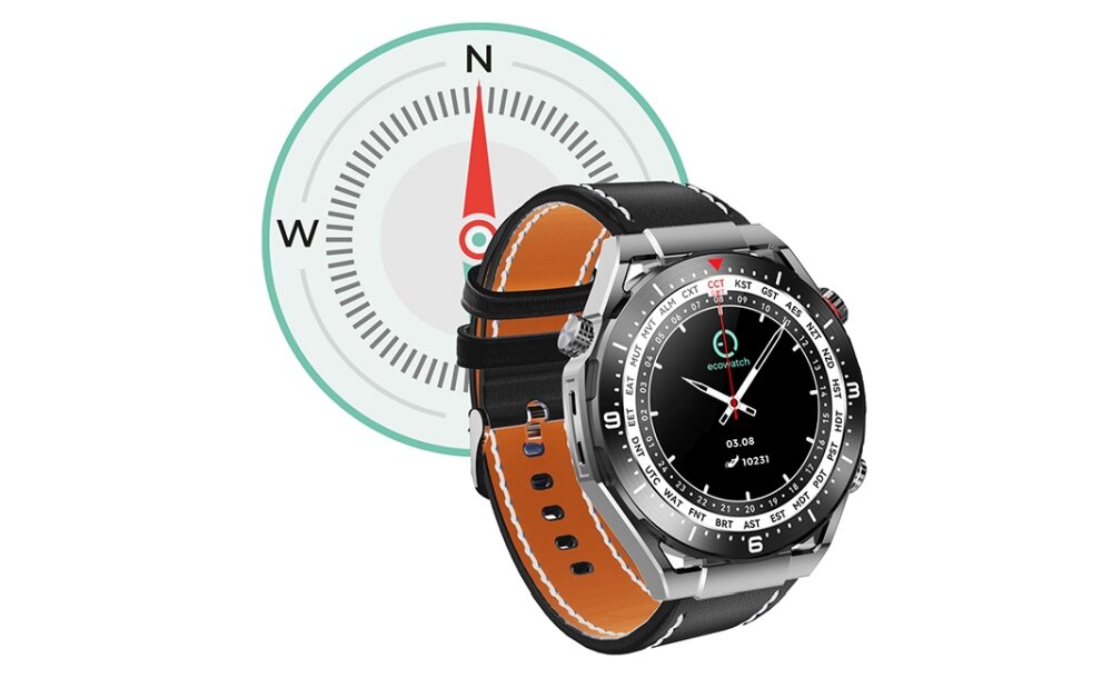 Na obrazie widoczny jest czarny smartwatch z okrągłą tarczą, na której wyświetlane są cyfry i wskazówki. W tle znajduje się ilustracja kompasu z oznaczeniami N i W.