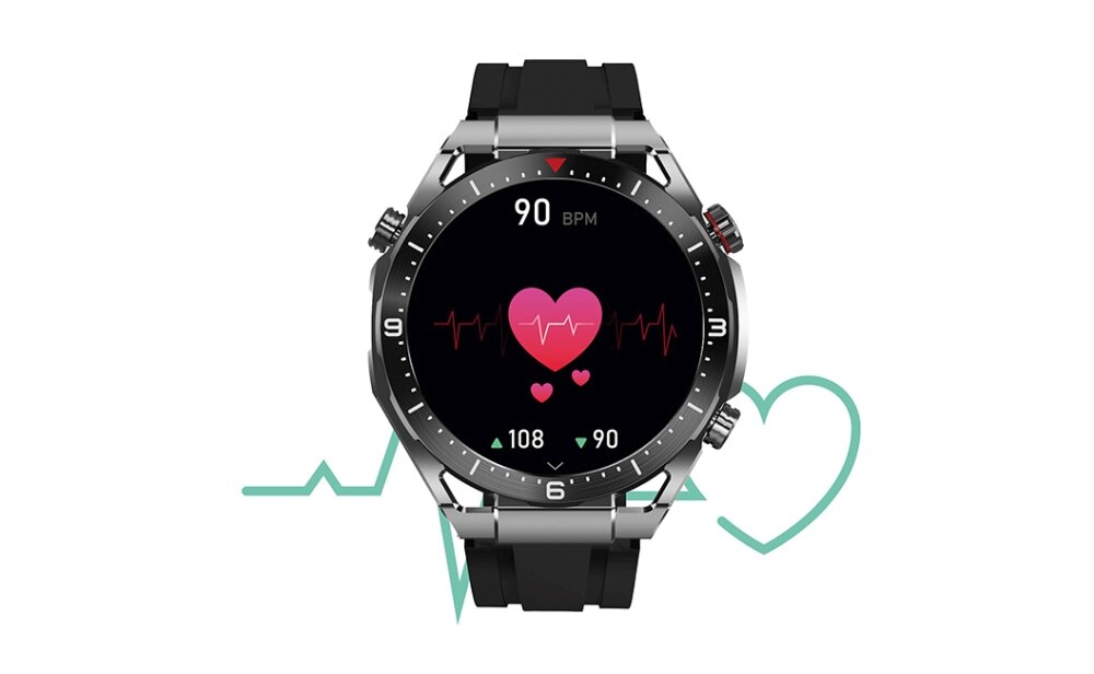 Smartwatch z czarnym paskiem i okrągłym wyświetlaczem pokazującym 90 BPM oraz grafikę serca z linią EKG. Na tarczy widoczne są także liczby 108 i 90 oraz symbole serc.