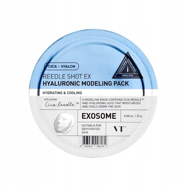Opakowanie maski algowej nawilżającej VT Cosmetics Reedle Shot Ex Hyaluronic 25 g z niebieską pokrywką. Widoczny tekst: \'CICA X HYALON REEDLE SHOT EX HYALURONIC MODELING PACK HYDRATING & COOLING APPLICATION Cica Reedle EXOSOME 0.88 oz / 25 g SUITABLE FOR DEHYDRATED SKIN VT\'.