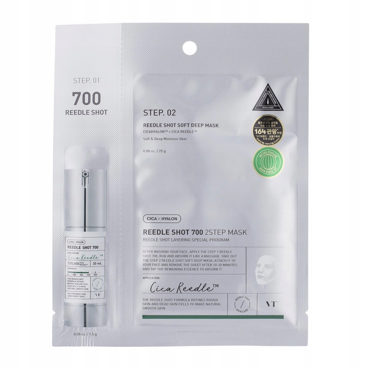 Opakowanie produktu z napisem \'REEDLE SHOT 700 2STEP MASK\' oraz instrukcją użycia. Widoczne są również dwa okrągłe znaki jakości i logo VT.