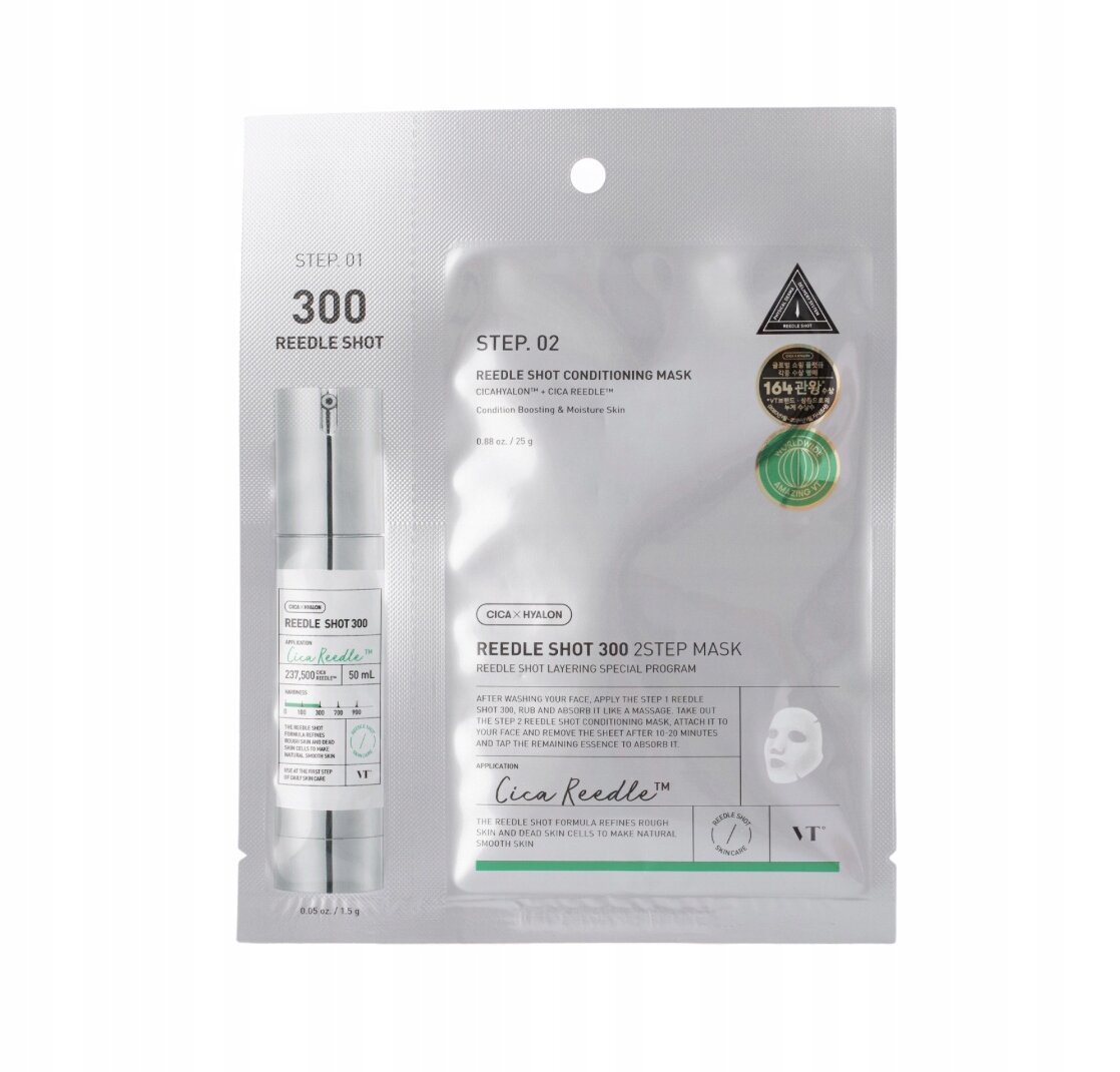 Opakowanie maski w płachcie VT Cosmetics Reedle Shot 300 2 Step z widocznymi napisami: \'STEP 01 300 REEDLE SHOT\' oraz \'STEP 02 REEDLE SHOT CONDITIONING MASK\'. Na opakowaniu znajdują się również dwa okrągłe znaki oraz logo VT.