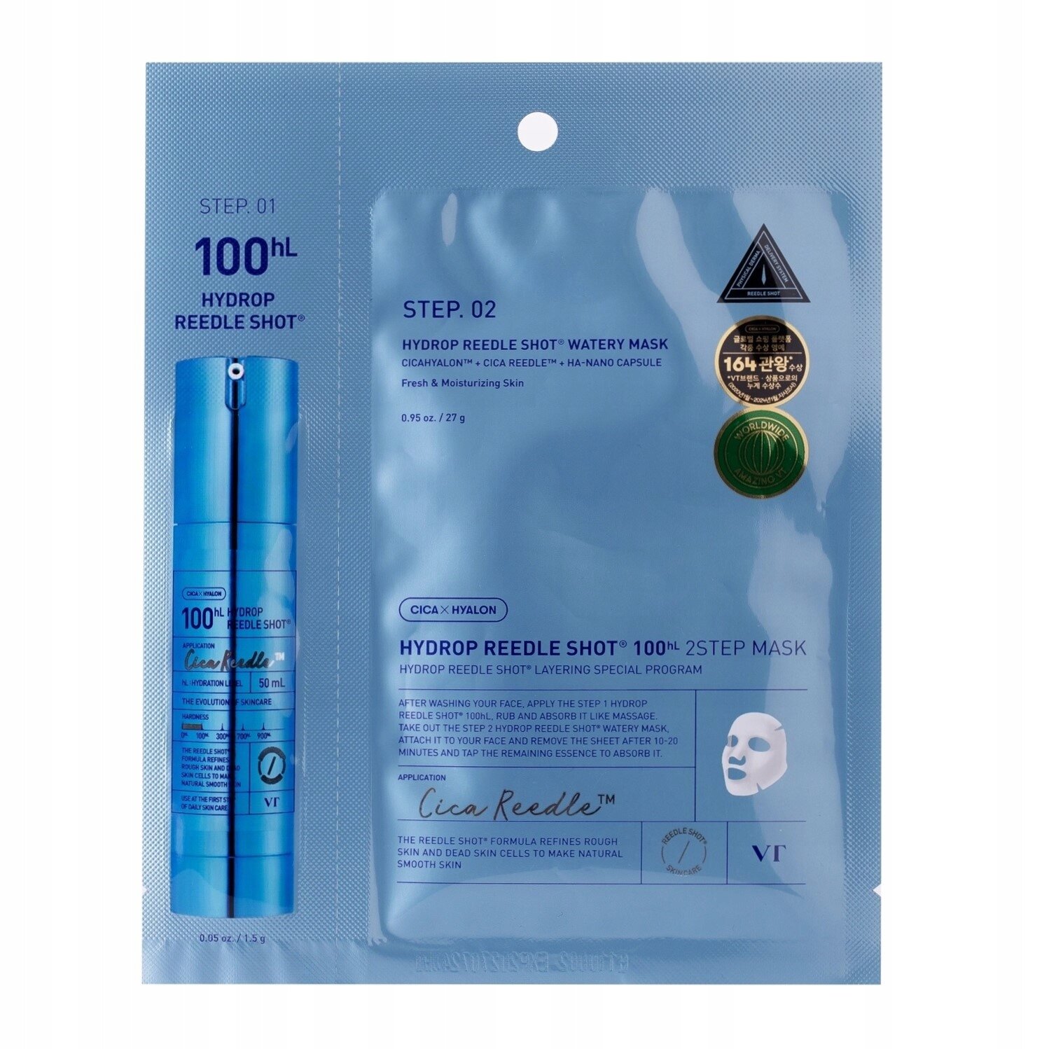 Opakowanie maseczki nawilżającej VT Cosmetics Hydrop Reedle Shot 2 Step Cica w kolorze niebieskim, z widocznymi napisami: \'STEP. 01 100hL HYDROP REEDLE SHOT\' oraz \'STEP. 02 HYDROP REEDLE SHOT WATERY MASK\'.