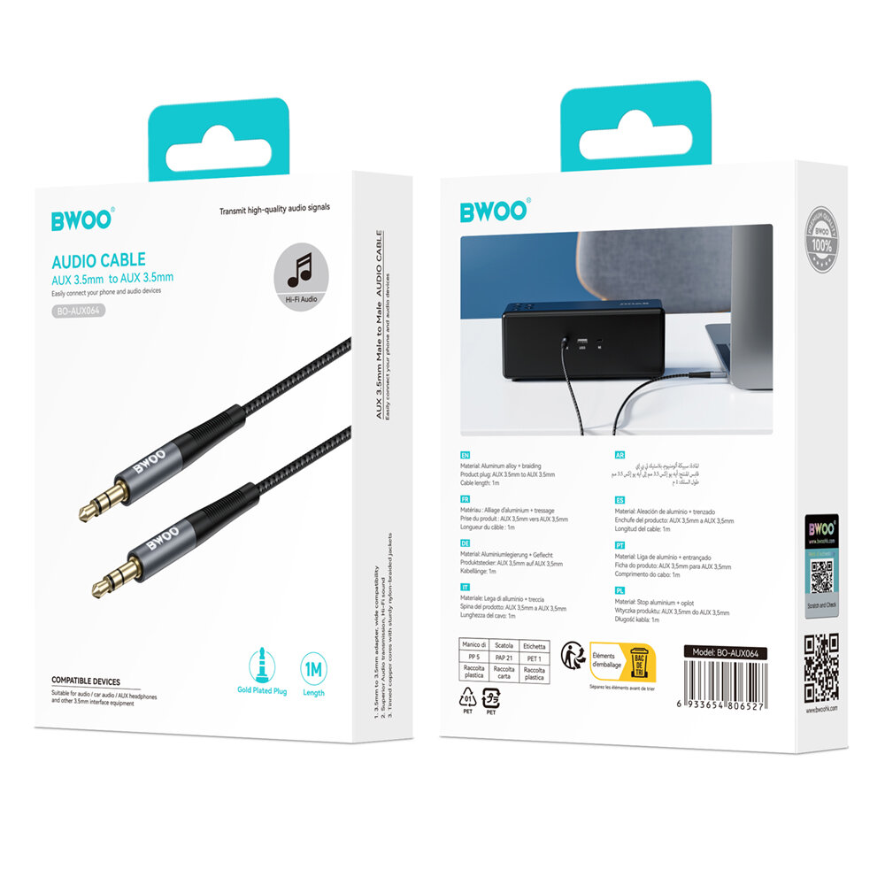 Opakowanie kabla audio Bwoo z widocznym logo i zdjęciem kabla podłączonego do urządzenia. Na opakowaniu znajdują się informacje o produkcie, takie jak długość kabla 1M i pozłacane wtyki.
