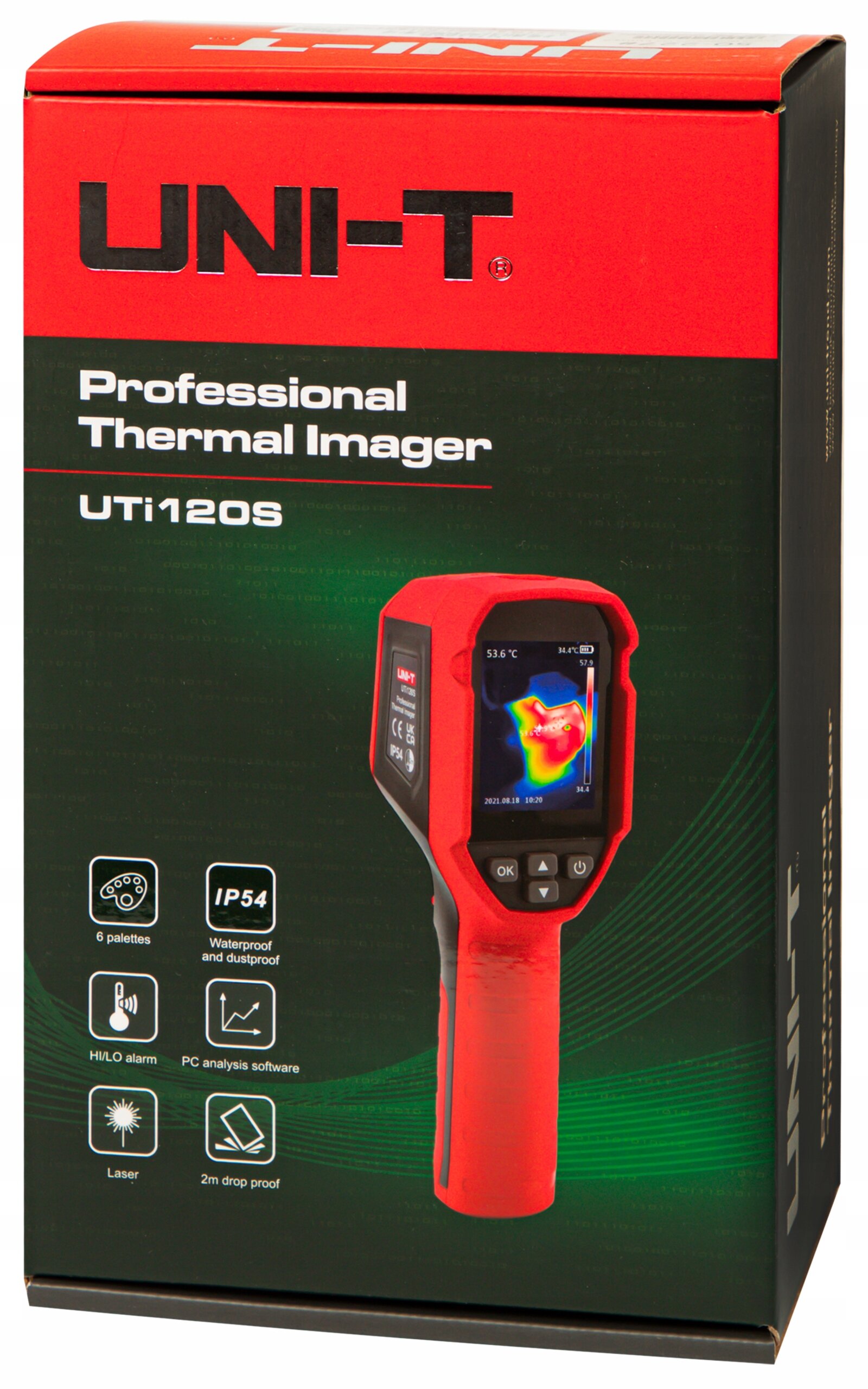 Opakowanie produktu z napisem \'UNI-T Professional Thermal Imager UTi120S\'. Widoczny jest obraz kamery termowizyjnej z kolorowym wyświetlaczem oraz ikony przedstawiające funkcje urządzenia, takie jak IP54, alarm HI/LO, oprogramowanie do analizy PC, laser i odporność na upadek z 2 metrów.