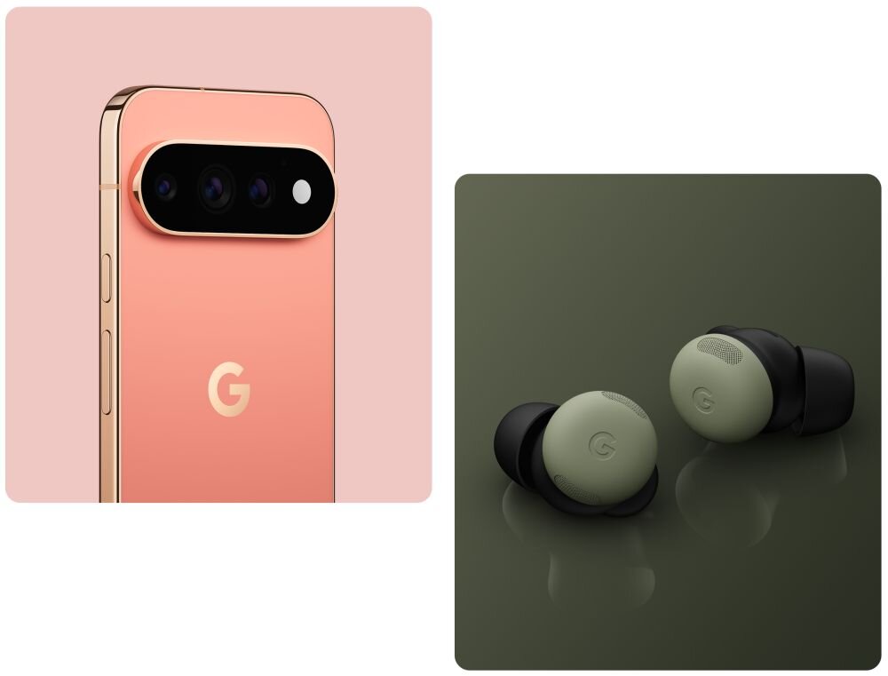 Obraz przedstawia różowy smartfon z trzema obiektywami aparatu i logo \'G\' oraz zielone słuchawki douszne z logo \'G\' na ciemnym tle.
