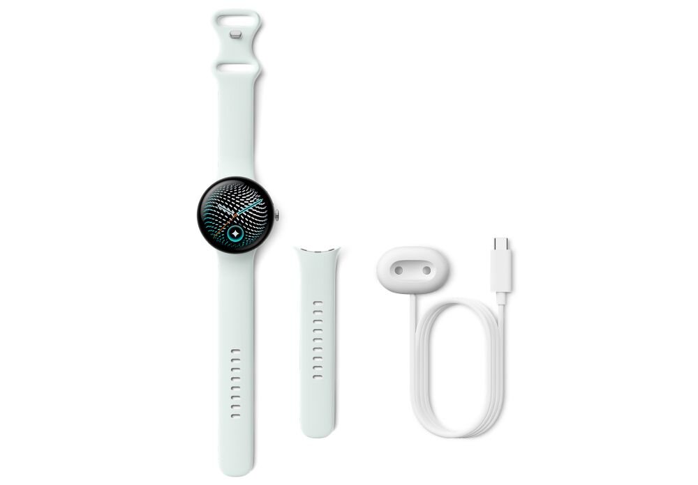 Na obrazie widoczny jest jasnoszary smartwatch z okrągłym wyświetlaczem, dodatkowy pasek oraz biały kabel z końcówką USB-C. Na ekranie zegarka wyświetla się wzór przypominający siatkę z niebieskim akcentem.