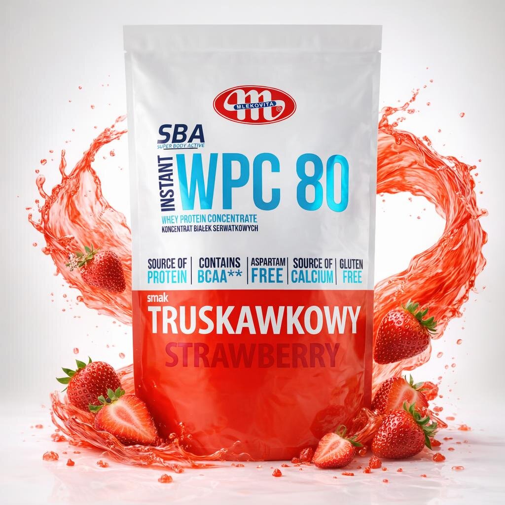 Opakowanie białka serwatkowego WPC 80 o smaku truskawkowym z logo Mlekovita, otoczone truskawkami i czerwonym płynem. Na opakowaniu widnieją napisy: \'SOURCE OF PROTEIN\', \'CONTAINS BCAA**\', \'ASPARTAM FREE\', \'SOURCE OF CALCIUM\', \'GLUTEN FREE\'.