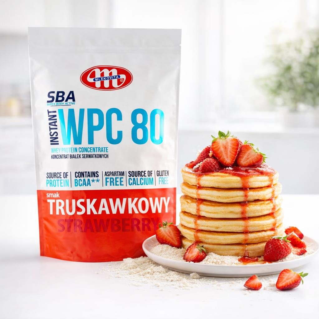Na obrazie widoczna jest torebka z produktem \'Mlekovita WPC 80\' o smaku truskawkowym oraz stos naleśników polanych sosem truskawkowym i udekorowanych świeżymi truskawkami. Na opakowaniu znajdują się napisy: \'SBA Super Body Active\', \'WPC 80\', \'Whey Protein Concentrate\', \'Koncentrat białek serwatkowych\', \'Source of Protein\', \'Contains BCAA**\', \'Aspartam Free\', \'Source of Calcium\', \'Gluten Free\'.