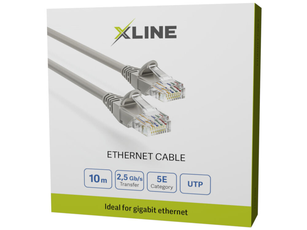 Opakowanie kabla Ethernet XLINE z widocznymi dwoma wtykami RJ-45. Na opakowaniu znajdują się napisy: \'10 m\', \'2,5 Gb/s Transfer\', \'5E Category\', \'UTP\', oraz \'Ideal for gigabit ethernet\'.