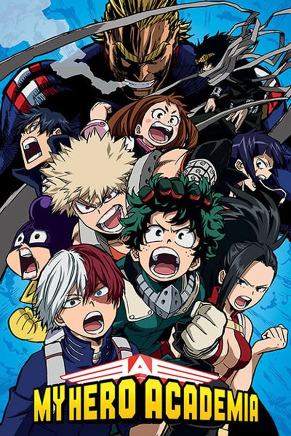 Plakat przedstawia grupę postaci z anime w dynamicznych pozach na niebieskim tle. Na dole widnieje napis \'MY HERO ACADEMIA\' w żółtym kolorze.