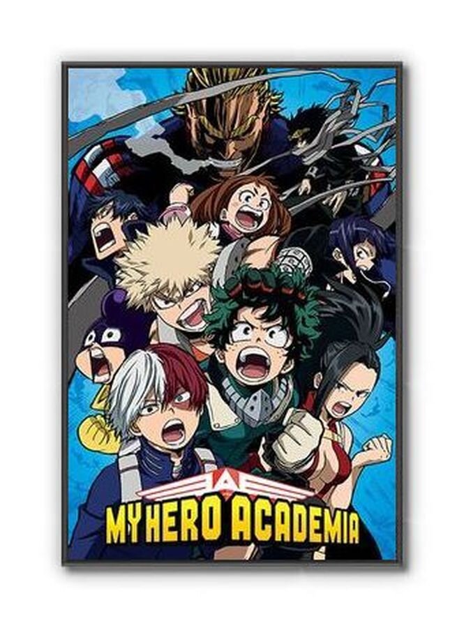 Plakat przedstawia grupę postaci z anime na niebieskim tle, z wyrazistymi emocjami na twarzach. Na dole widnieje napis \'MY HERO ACADEMIA\'.