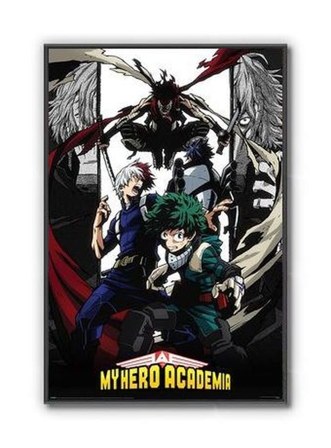 Plakat przedstawia postacie z anime My Hero Academia w dynamicznych pozach. Na dole widnieje napis \'MY HERO ACADEMIA\'.