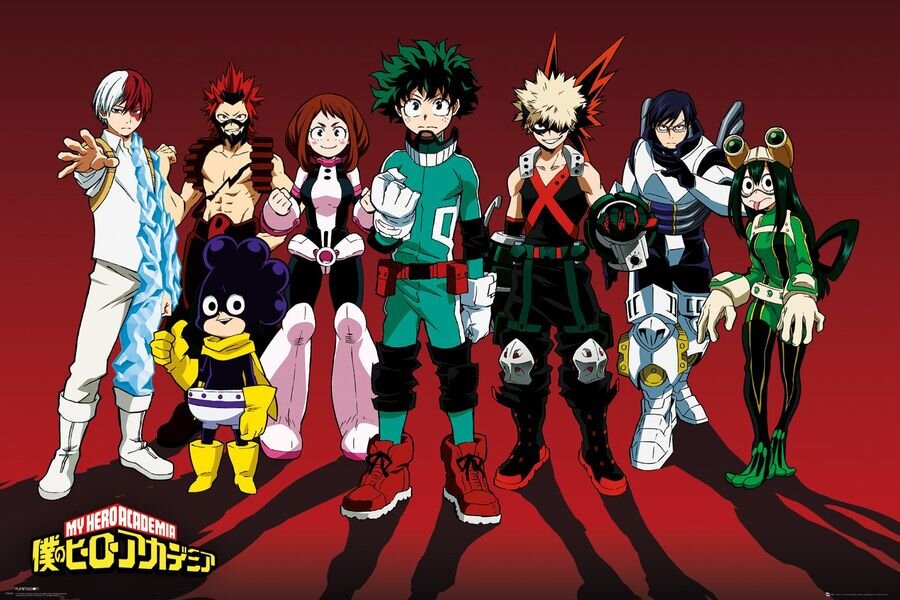 Plakat przedstawia osiem postaci z anime w różnych strojach na czerwonym tle. W lewym dolnym rogu znajduje się logo \'My Hero Academia\' z japońskimi znakami.