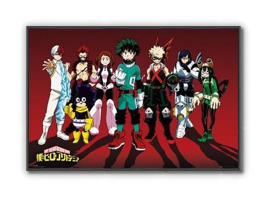 Plakat przedstawia grupę postaci z anime na czerwonym tle. W dolnym rogu widnieje logo \'My Hero Academia\'.