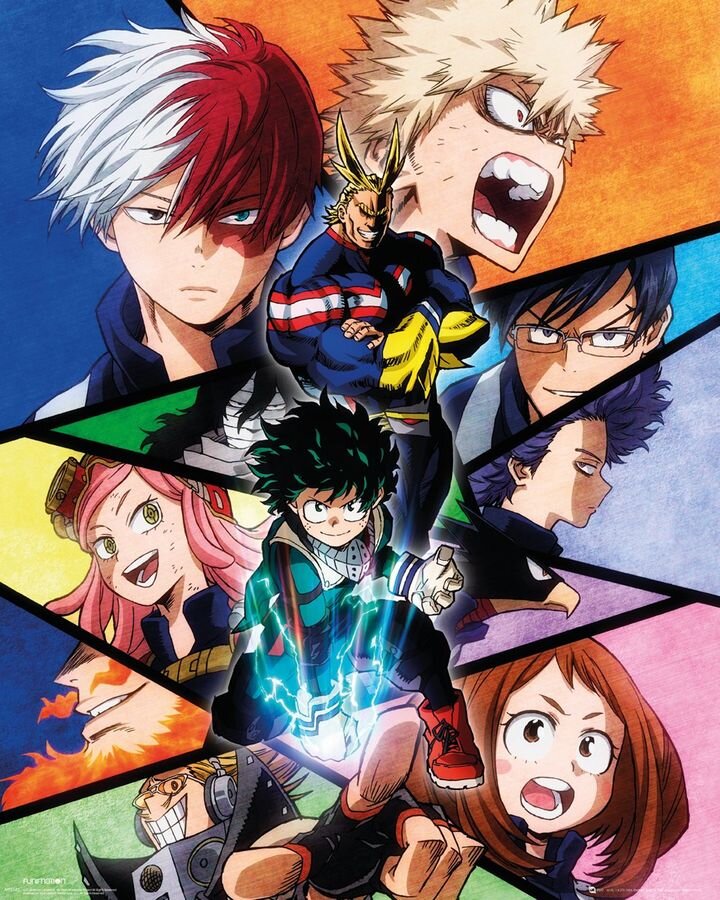 Plakat przedstawia postacie z anime w dynamicznych pozach, z centralnie umieszczoną postacią w zielonym stroju otoczoną błyskawicami. Tło jest kolorowe, podzielone na segmenty z różnymi postaciami.