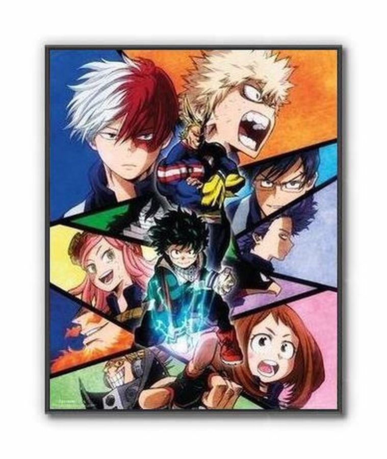 Plakat przedstawia postacie z anime w dynamicznych pozach na kolorowym tle podzielonym na segmenty. Każda postać ma wyrazistą mimikę i charakterystyczne cechy.