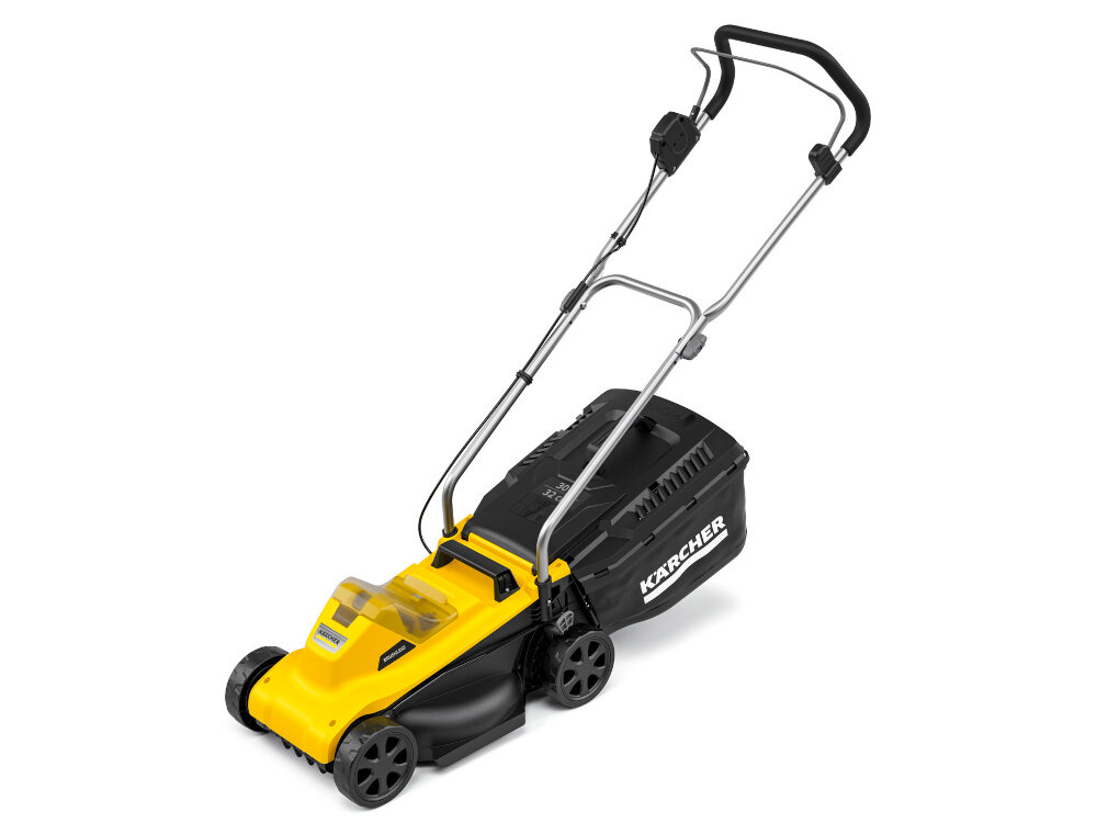Na obrazie widoczna jest żółto-czarna kosiarka akumulatorowa z logo \'KARCHER\' na czarnej części obudowy. Kosiarka posiada cztery koła i metalowy uchwyt do prowadzenia.
